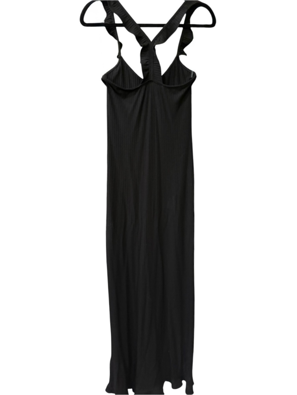 Chris Chandler Ribbed Maxi Dress Black Ruffle Strap Bodycon Size Small - Picture 3 of 9